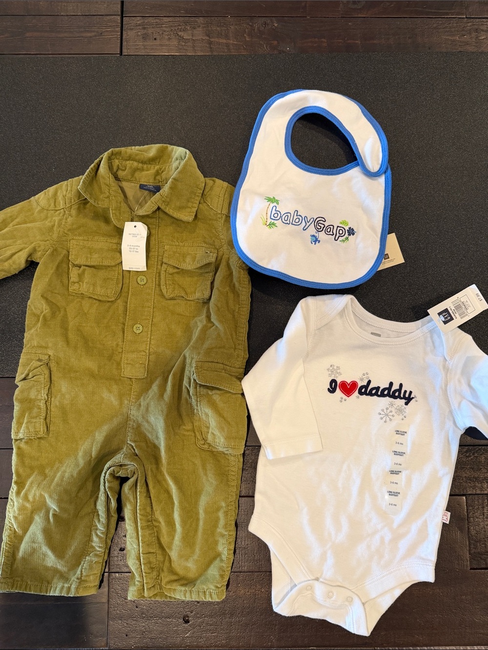 GAP Olive Green Corduroy One-Piece with White babyGap Bib and White Onesie